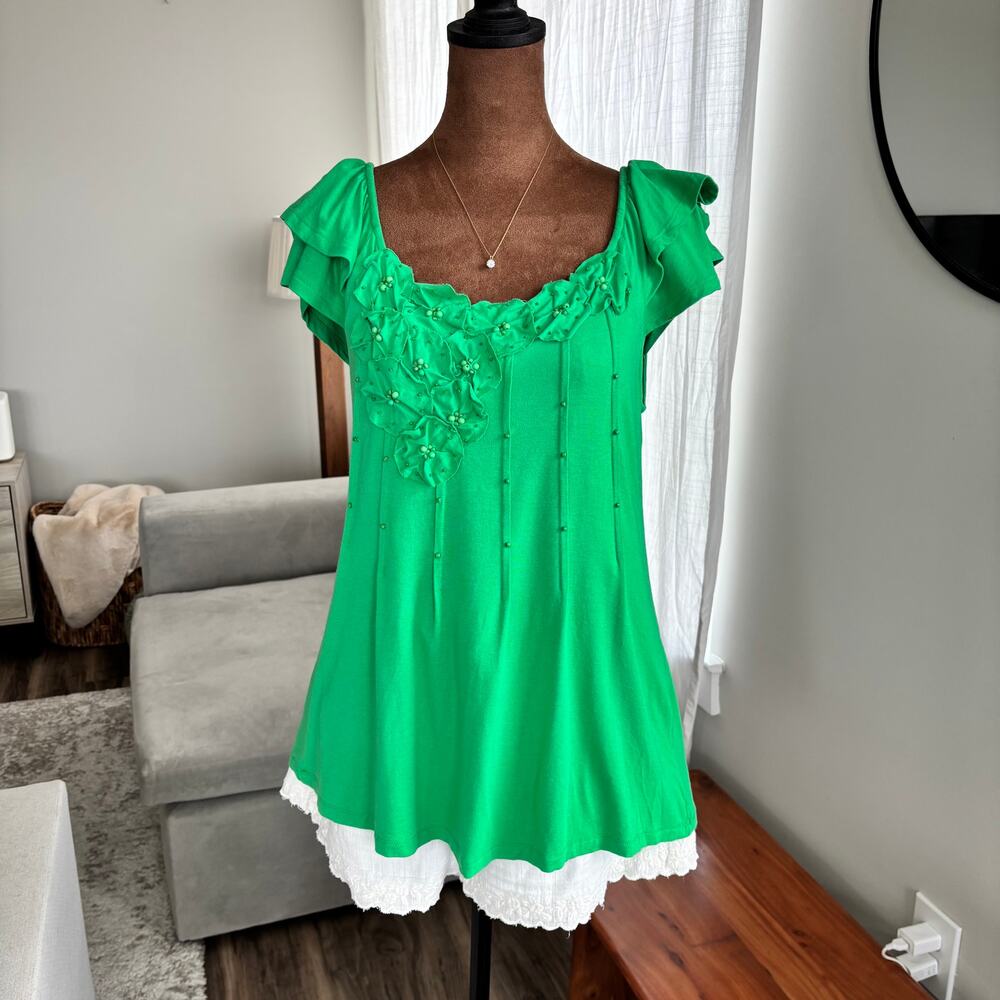 Vintage Y2K INC Flutter Sleeve Top Petite Medium Bright Green Soft Girl Fairy - Picture 4 of 16